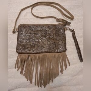Brown Embossed Fringe Crossbody Bag